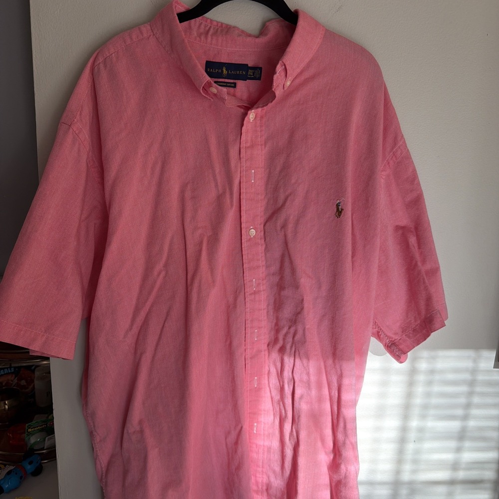 Ralph Lauren 2XLT Chambray Oxford Short Sleeve Button Down Shirt Pink Mens